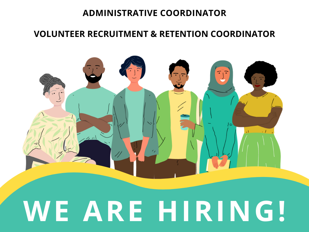 Parent Support Services graphic with the title "We are hiring," and the text "Administrative Coordinator" and "Volunteer Recruitment and Retention Coordinator"